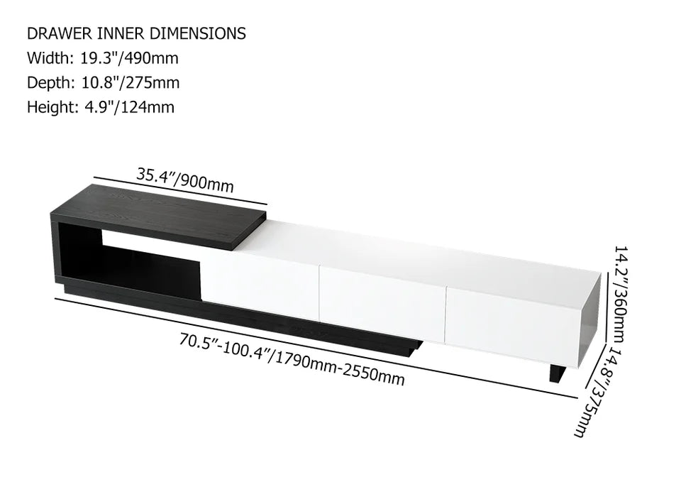 Quoint Modern TV Stand Retracted & Extendable 3-Drawer Media Console for TV Up to 80"