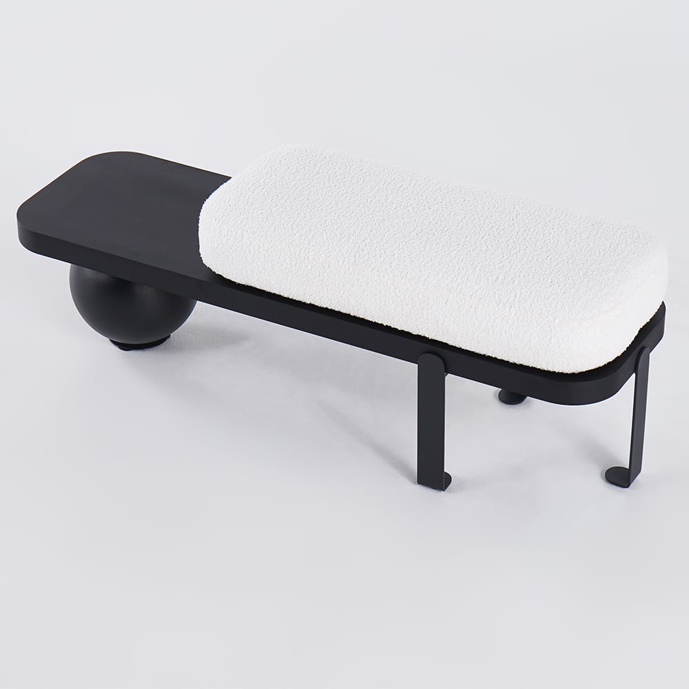 White & Black Wooden Entryway Bench Boucle Upholstered with Abstract Metal Legs