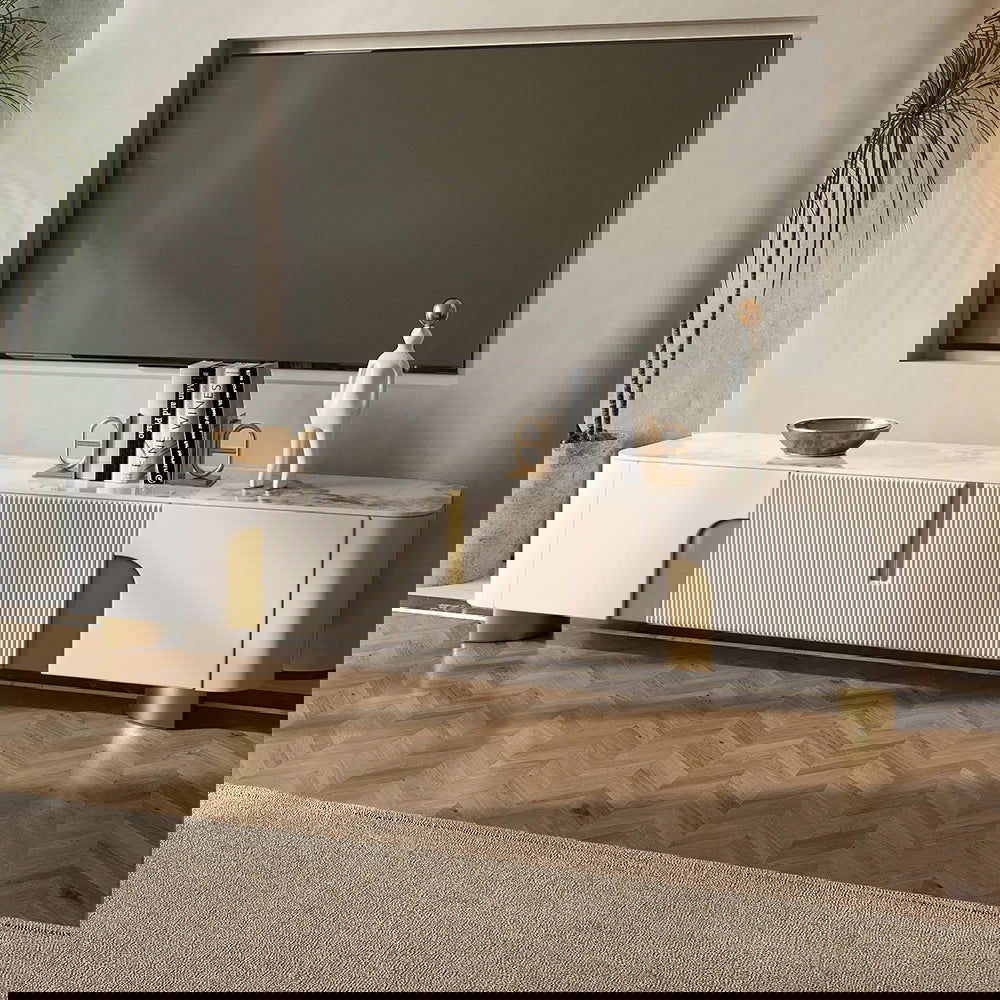 2000mm Artus Modern Stone Top Beige & Gold TV Stand with 4 Doors and Storage - 