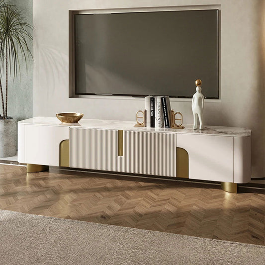 2000mm Artus Modern Stone Top Beige & Gold TV Stand with 4 Doors and Storage - 
