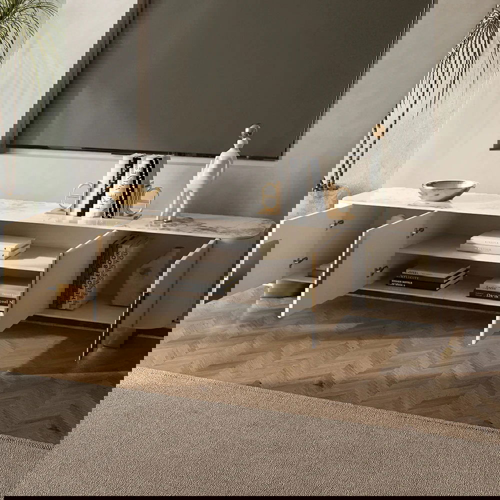 2000mm Artus Modern Stone Top Beige & Gold TV Stand with 4 Doors and Storage - 