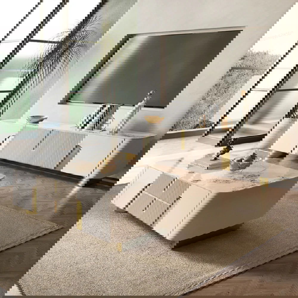 2000mm Artus Modern Stone Top Beige & Gold TV Stand with 4 Doors and Storage - 