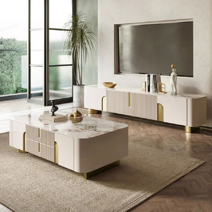 2000mm Artus Modern Stone Top Beige & Gold TV Stand with 4 Doors and Storage - 