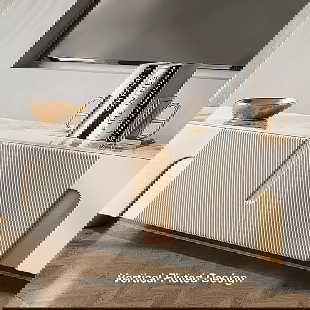 2000mm Artus Modern Stone Top Beige & Gold TV Stand with 4 Doors and Storage - 