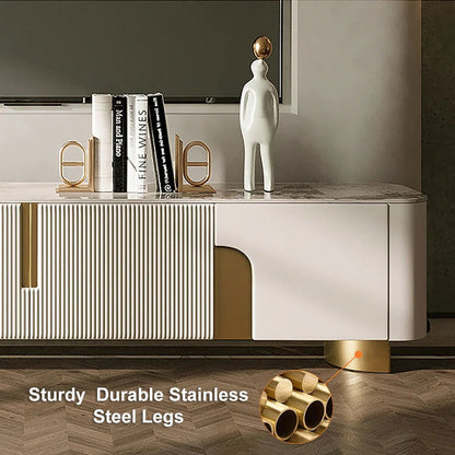 2000mm Artus Modern Stone Top Beige & Gold TV Stand with 4 Doors and Storage - 