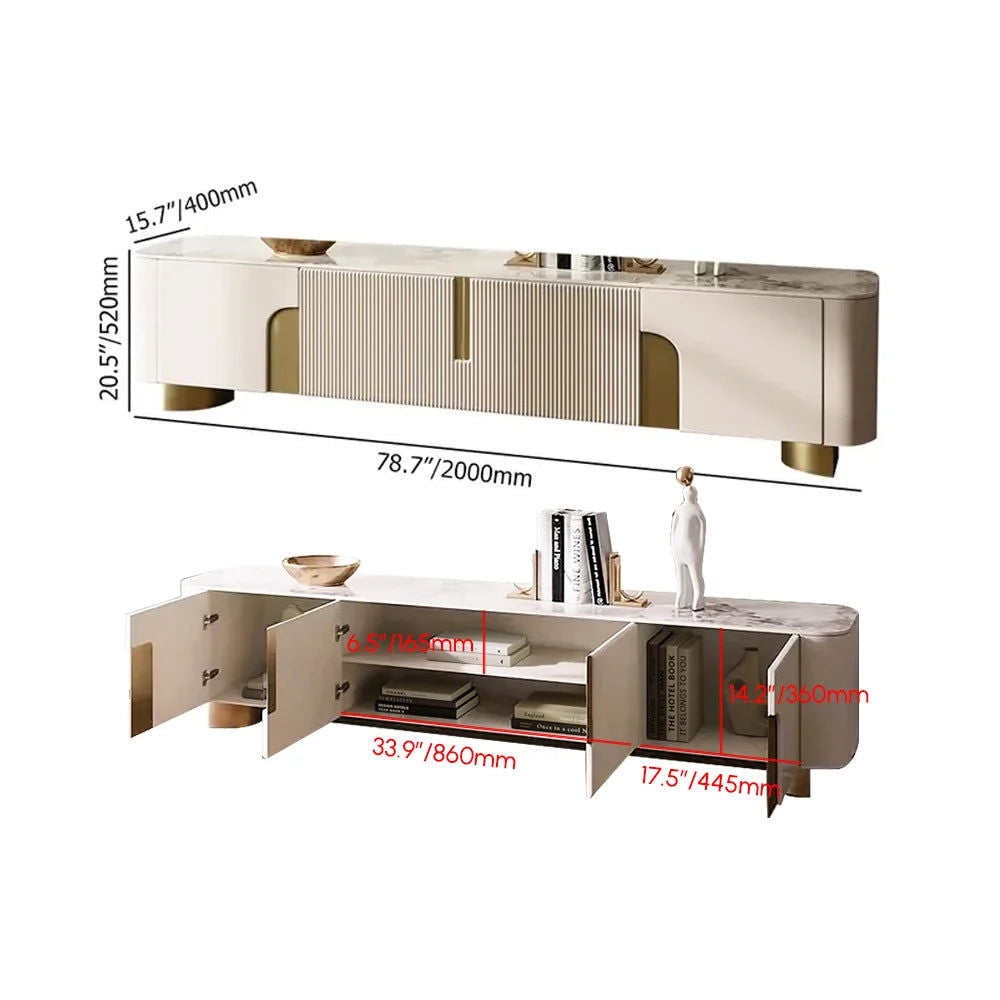 2000mm Artus Modern Stone Top Beige & Gold TV Stand with 4 Doors and Storage - 