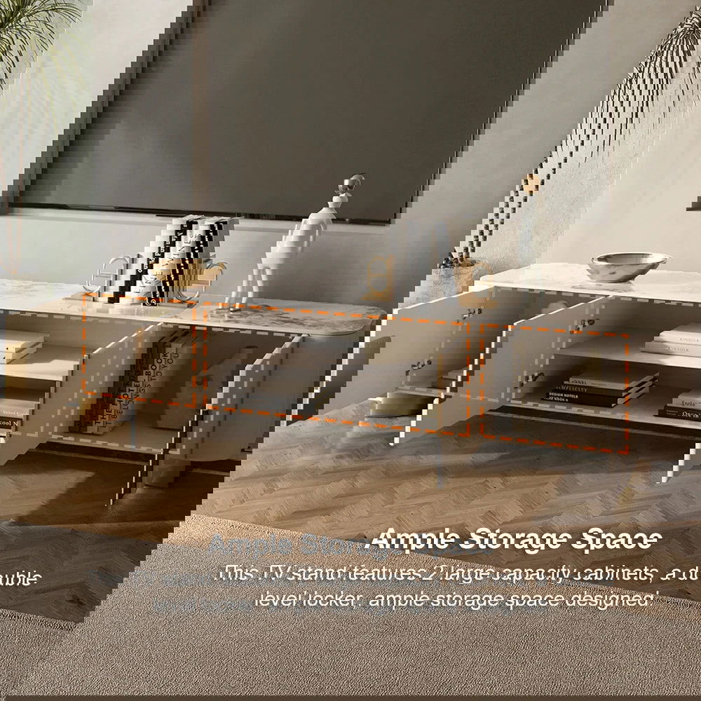 2000mm Artus Modern Stone Top Beige & Gold TV Stand with 4 Doors and Storage - 