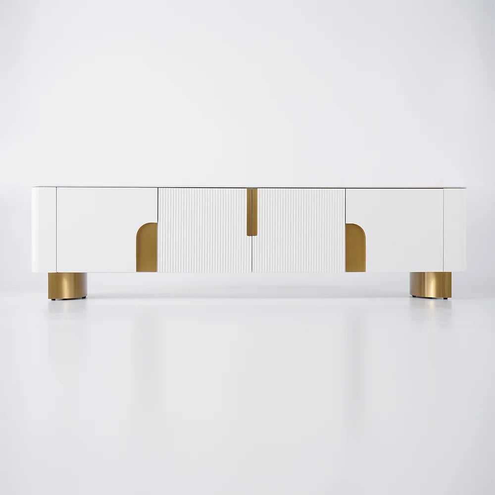 2000mm Artus Modern Stone Top Beige & Gold TV Stand with 4 Doors and Storage - 