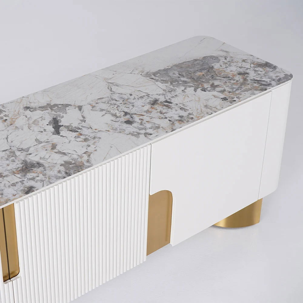 2000mm Artus Modern Stone Top Beige & Gold TV Stand with 4 Doors and Storage - 
