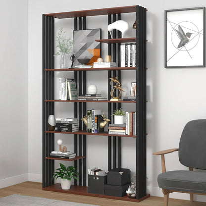 2000mm Industrial Black Walnut Etagere Bookshelf Display Shelving Tall Book Shelf in Ste - 