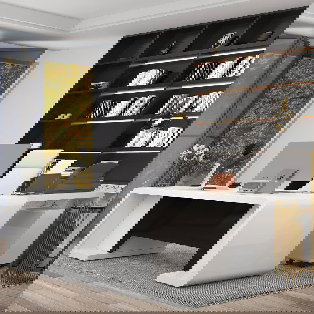 2000mm L-Shaped Modern Executive Desk of Left Hand with Drawers in White & Black - 