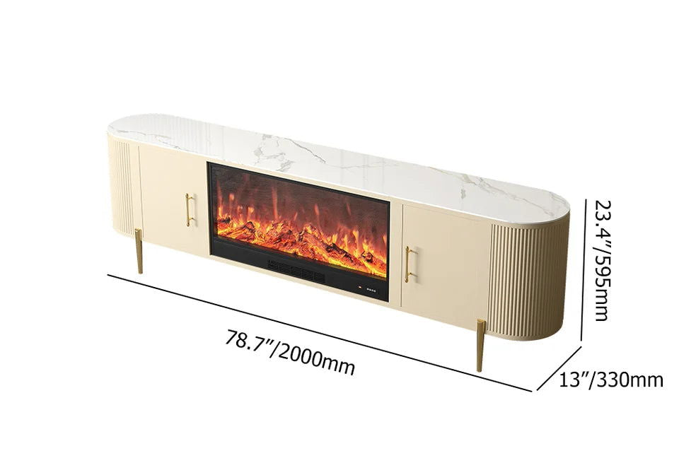 2000mm Modern Beige Electric Fireplace TV Stand Sintered Stone Top with Remote Control - 