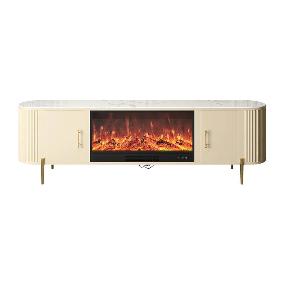 2000mm Modern Beige Electric Fireplace TV Stand Sintered Stone Top with Remote Control - 
