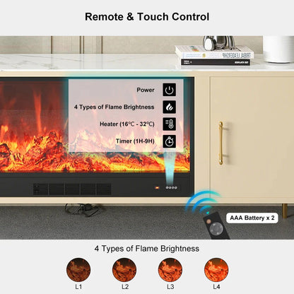 2000mm Modern Beige Electric Fireplace TV Stand Sintered Stone Top with Remote Control - 