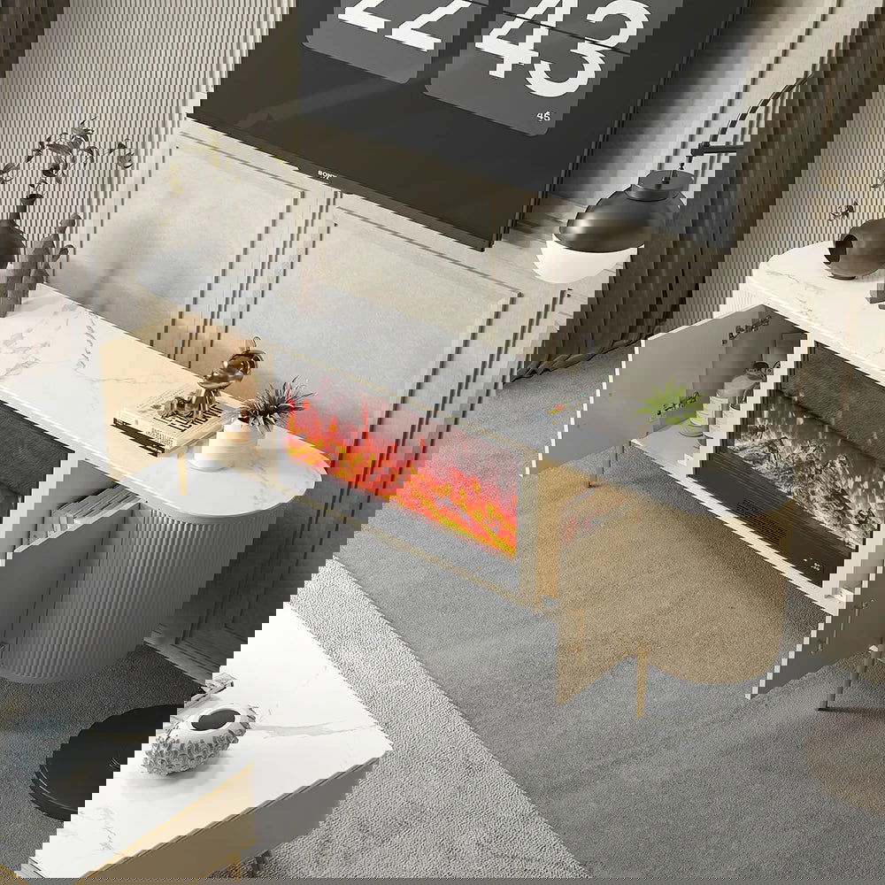 2000mm Modern Beige Electric Fireplace TV Stand Sintered Stone Top with Remote Control - 