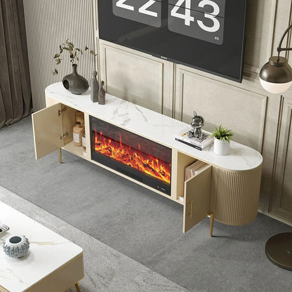 2000mm Modern Beige Electric Fireplace TV Stand Sintered Stone Top with Remote Control - 