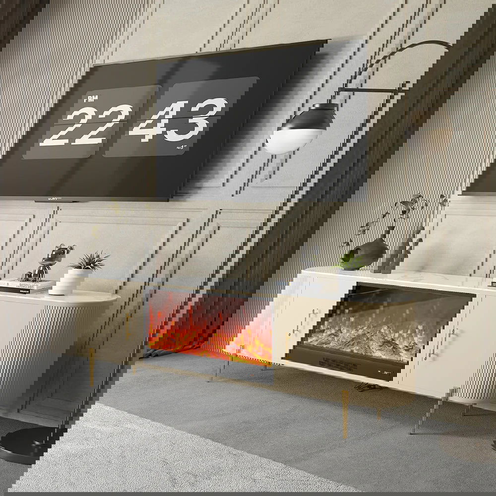 2000mm Modern Beige Electric Fireplace TV Stand Sintered Stone Top with Remote Control - 