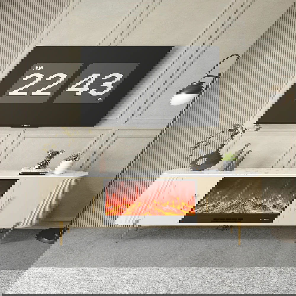 2000mm Modern Beige Electric Fireplace TV Stand Sintered Stone Top with Remote Control - 