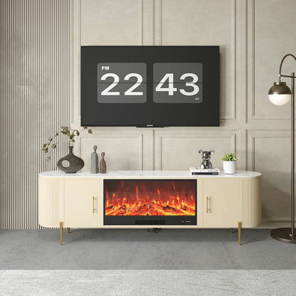 2000mm Modern Beige Electric Fireplace TV Stand Sintered Stone Top with Remote Control - 