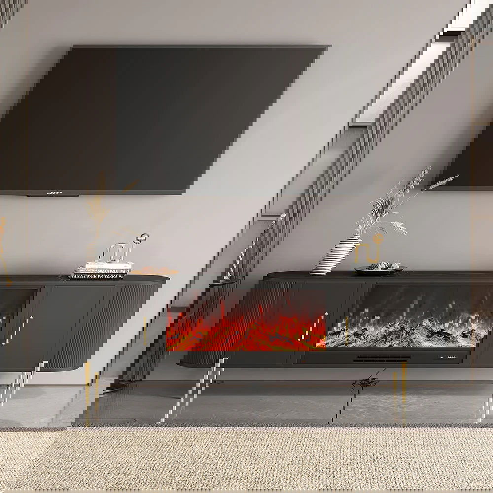 2000mm Modern Beige Electric Fireplace TV Stand Sintered Stone Top with Remote Control - 