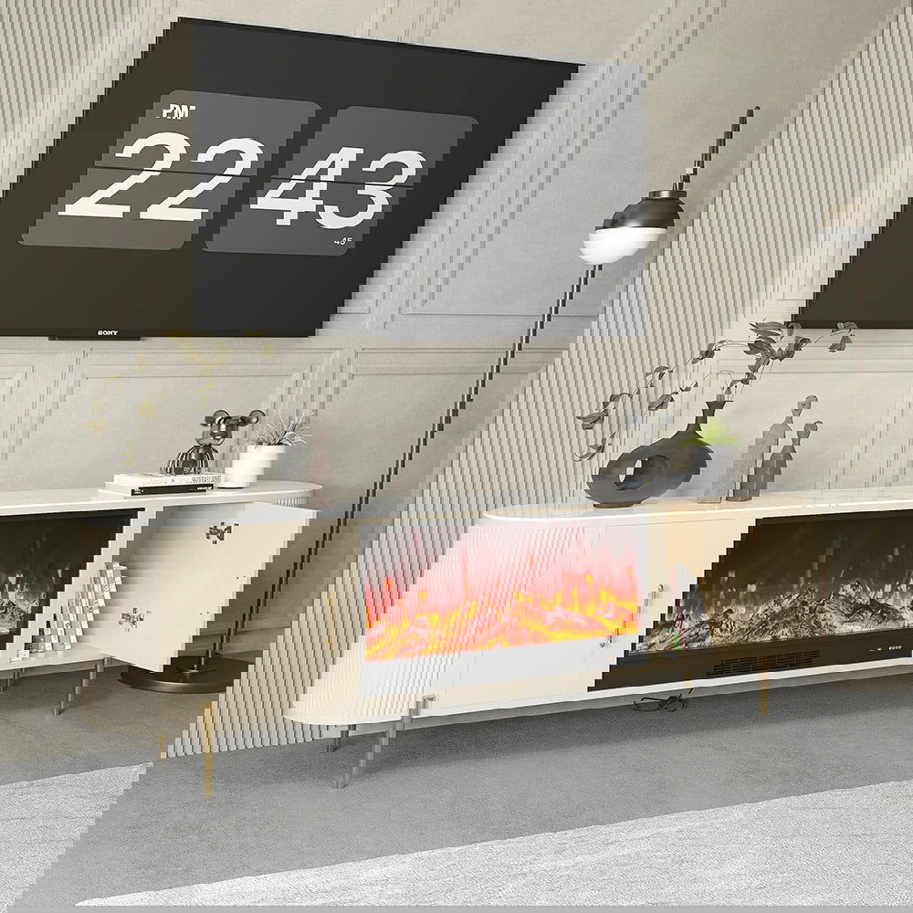 2000mm Modern Beige Electric Fireplace TV Stand Sintered Stone Top with Remote Control - Homary