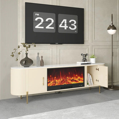 2000mm Modern Beige Electric Fireplace TV Stand Sintered Stone Top with Remote Control - Homary