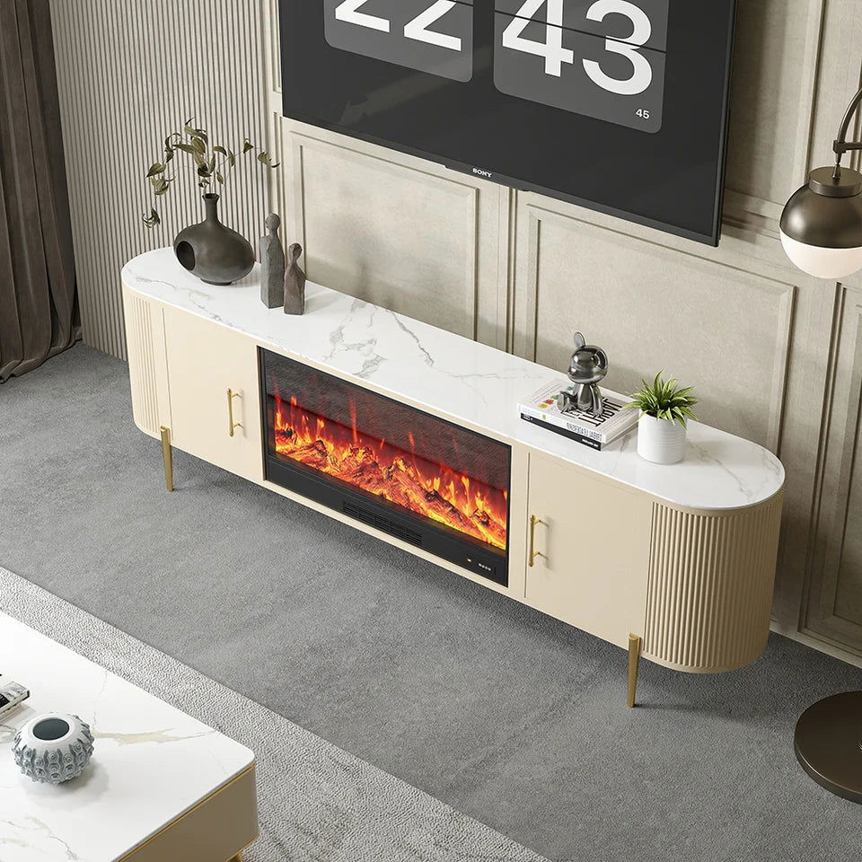 2000mm Modern Beige Electric Fireplace TV Stand Sintered Stone Top with Remote Control - Homary