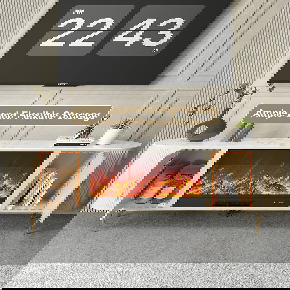 2000mm Modern Beige Electric Fireplace TV Stand Sintered Stone Top with Remote Control - Homary