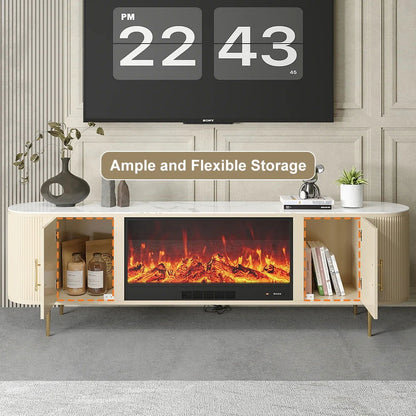 2000mm Modern Beige Electric Fireplace TV Stand Sintered Stone Top with Remote Control - Homary