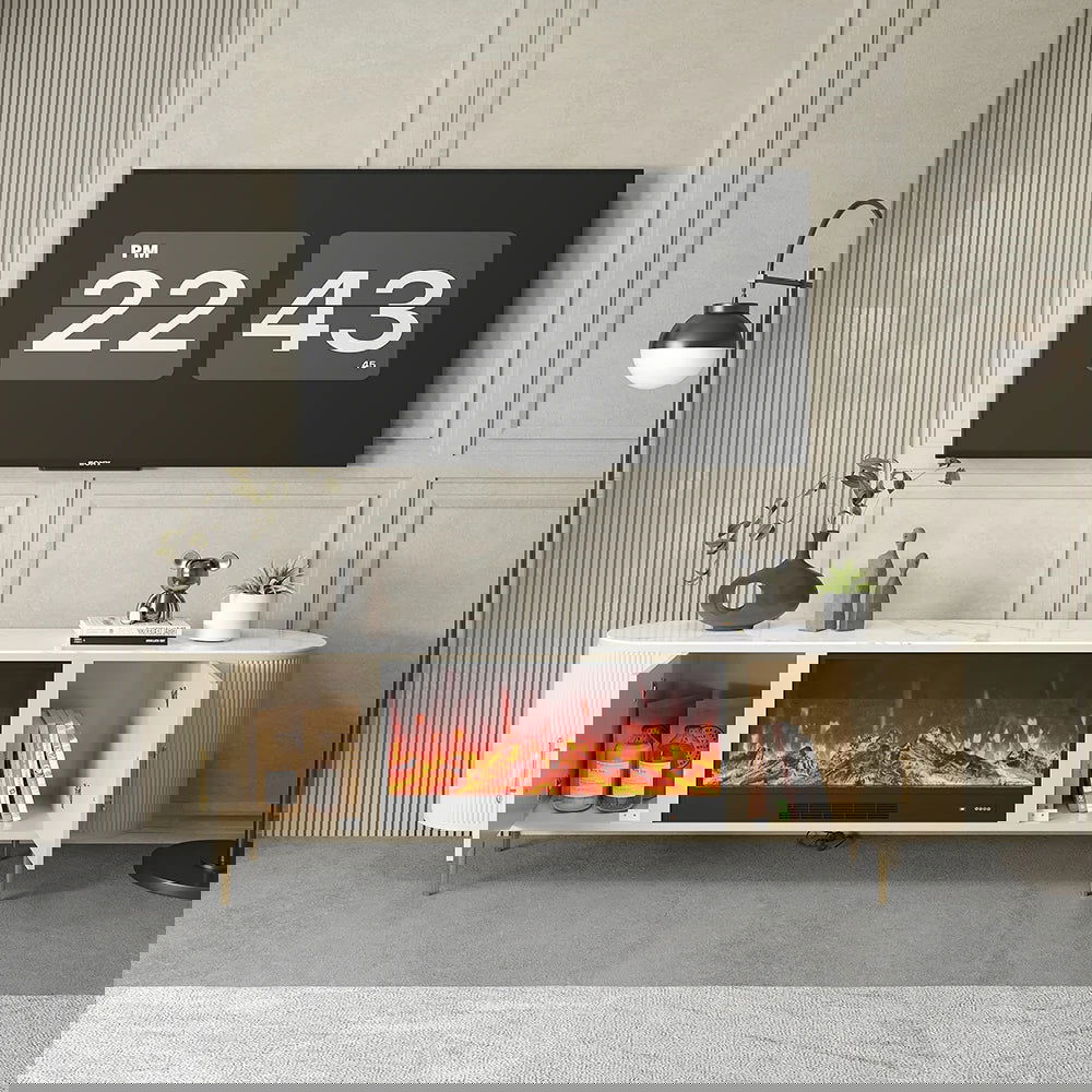 2000mm Modern Beige Electric Fireplace TV Stand Sintered Stone Top with Remote Control - Homary