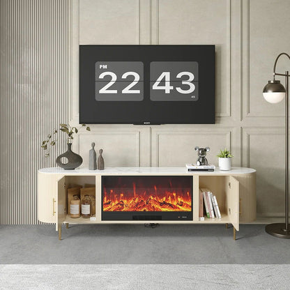 2000mm Modern Beige Electric Fireplace TV Stand Sintered Stone Top with Remote Control - Homary