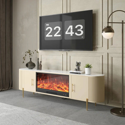 2000mm Modern Beige Electric Fireplace TV Stand Sintered Stone Top with Remote Control - Homary