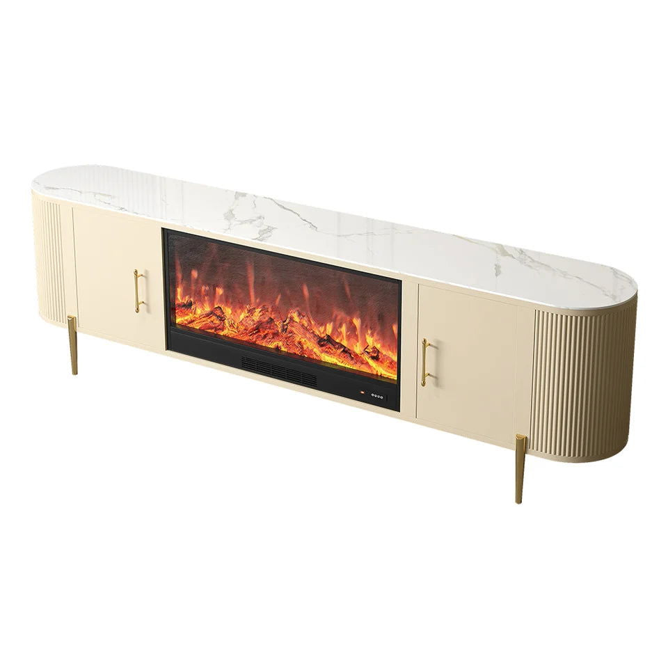 2000mm Modern Beige Electric Fireplace TV Stand Sintered Stone Top with Remote Control - Homary
