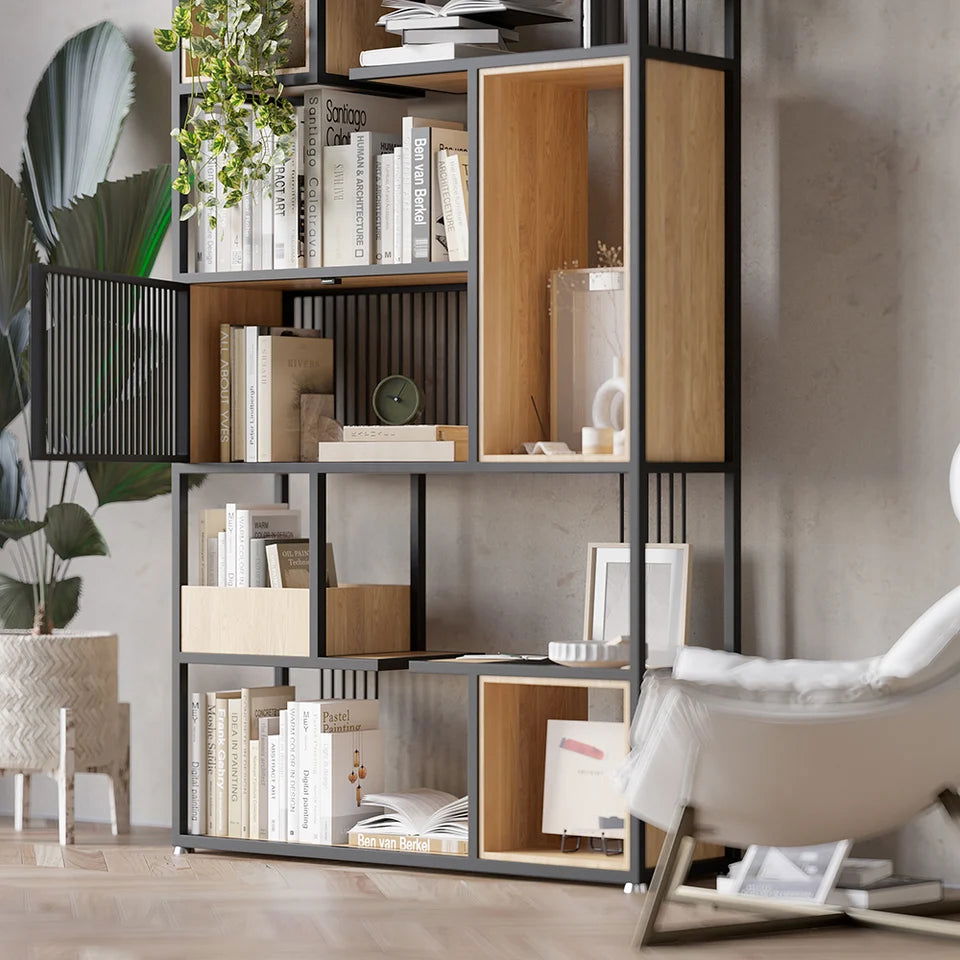 2000mm Modern Black Steel Geometric Bookcase 6-Tier Bookshelf Wooden Tall Book Shelf - 