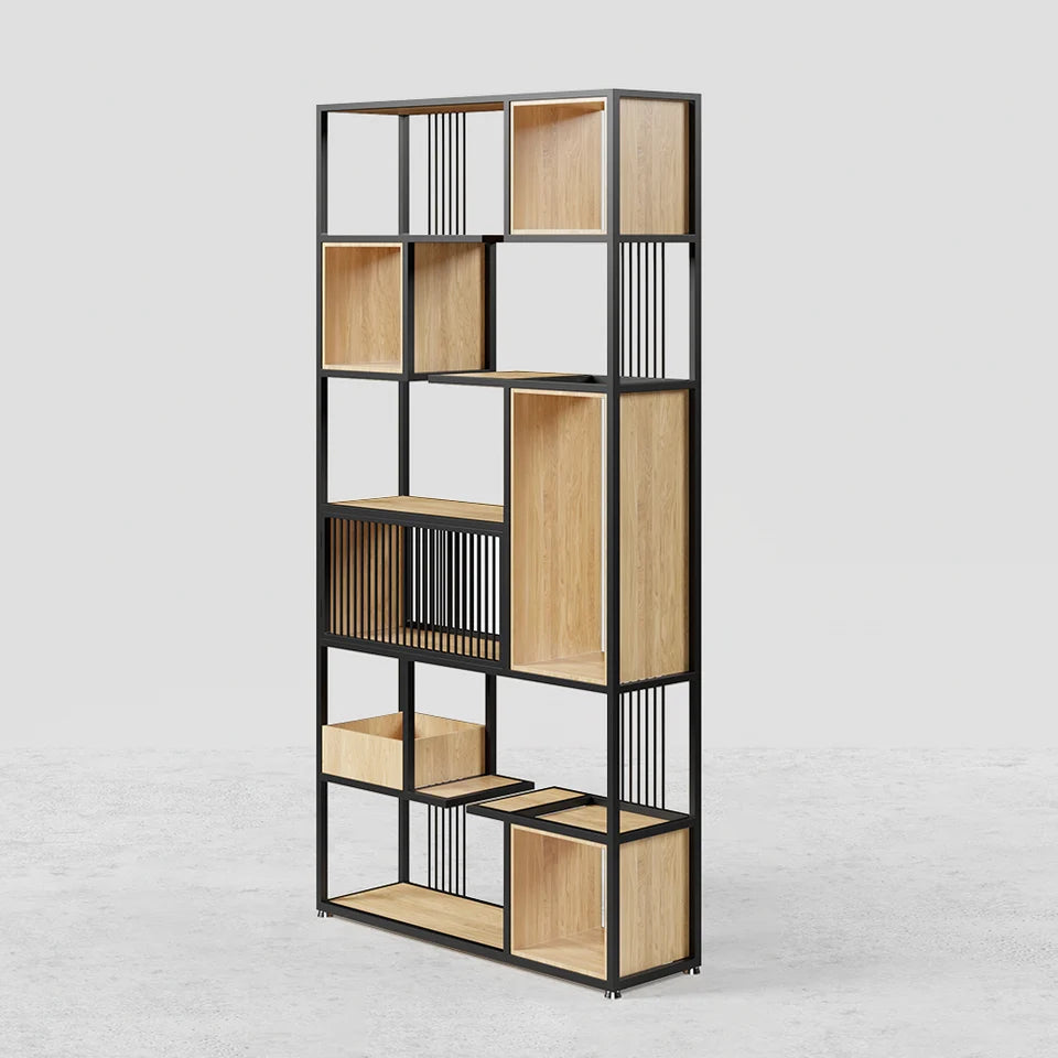 2000mm Modern Black Steel Geometric Bookcase 6-Tier Bookshelf Wooden Tall Book Shelf - 