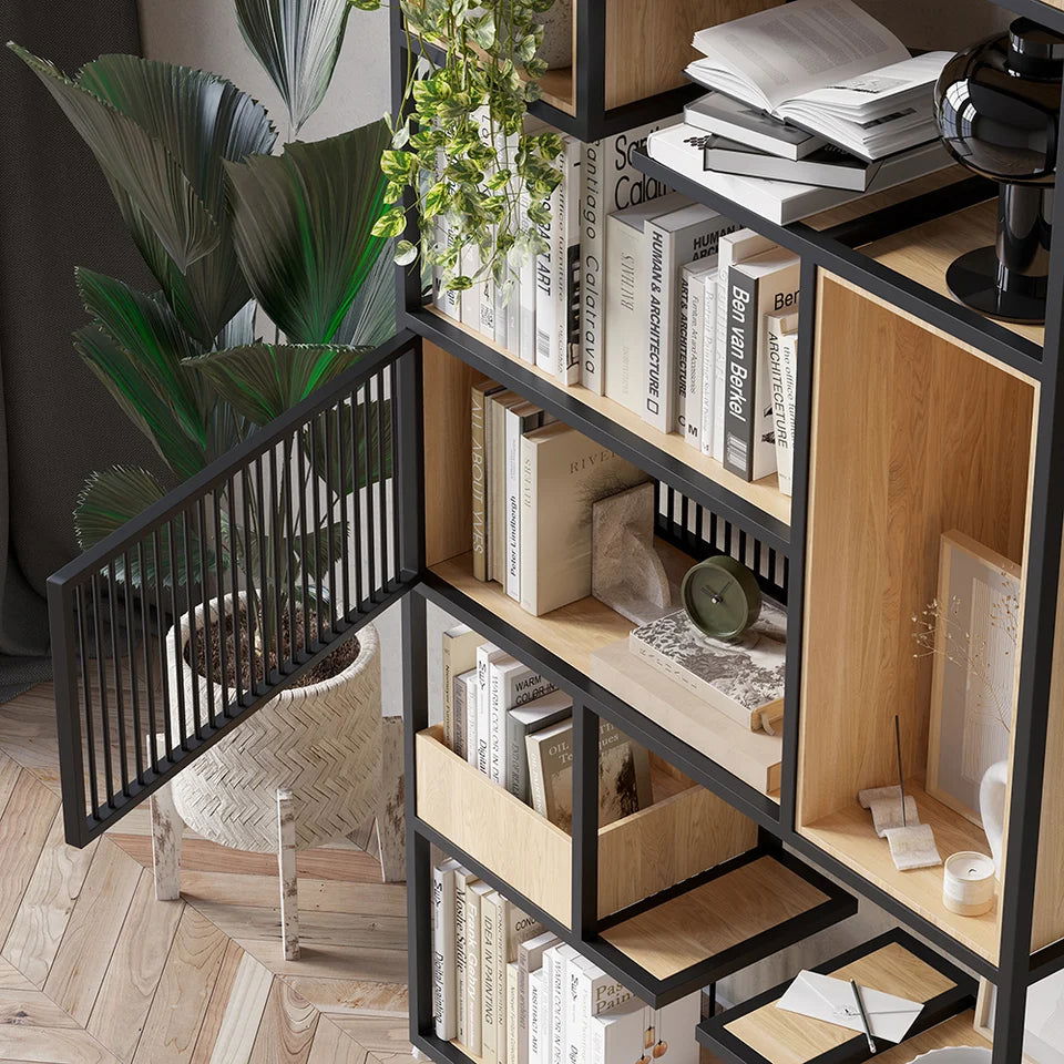 2000mm Modern Black Steel Geometric Bookcase 6-Tier Bookshelf Wooden Tall Book Shelf - 