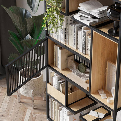 2000mm Modern Black Steel Geometric Bookcase 6-Tier Bookshelf Wooden Tall Book Shelf - 