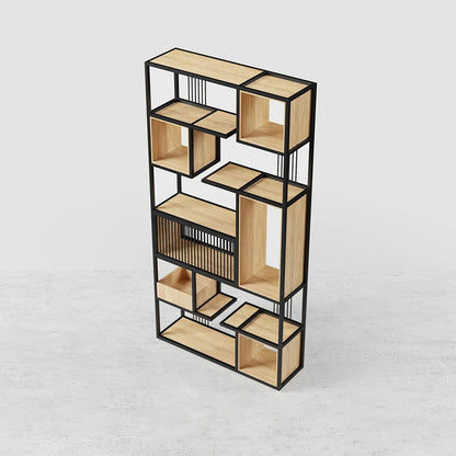 2000mm Modern Black Steel Geometric Bookcase 6-Tier Bookshelf Wooden Tall Book Shelf - 