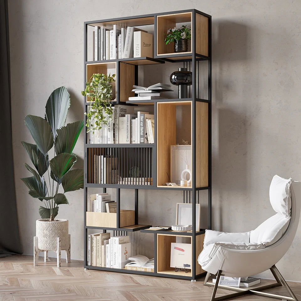 2000mm Modern Black Steel Geometric Bookcase 6-Tier Bookshelf Wooden Tall Book Shelf - 