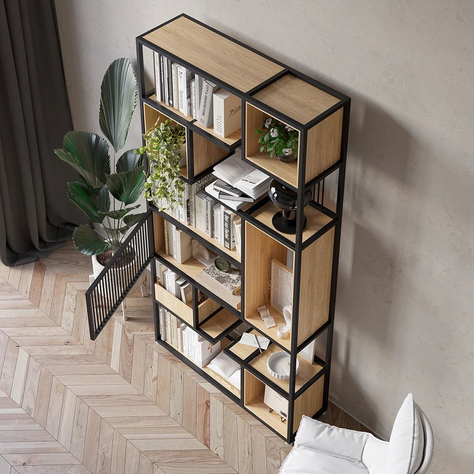 2000mm Modern Black Steel Geometric Bookcase 6-Tier Bookshelf Wooden Tall Book Shelf - 