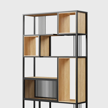 2000mm Modern Black Steel Geometric Bookcase 6-Tier Bookshelf Wooden Tall Book Shelf - 