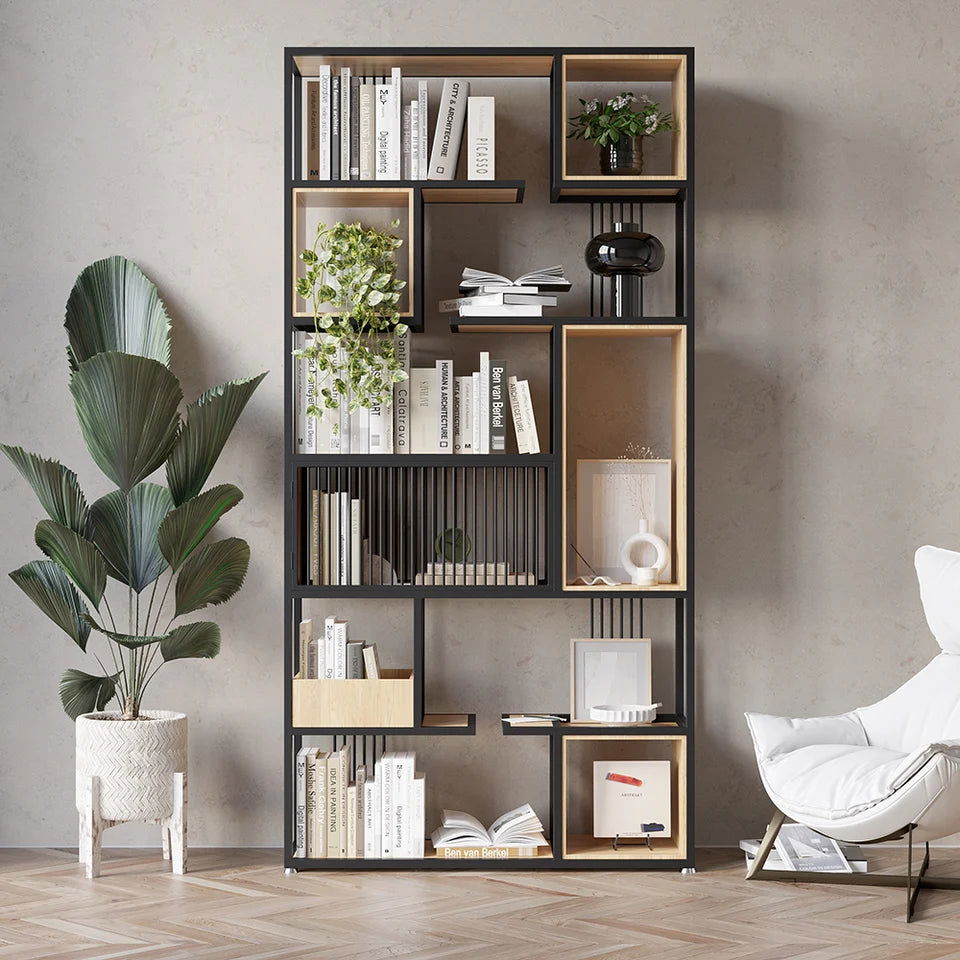 2000mm Modern Black Steel Geometric Bookcase 6-Tier Bookshelf Wooden Tall Book Shelf - Homary