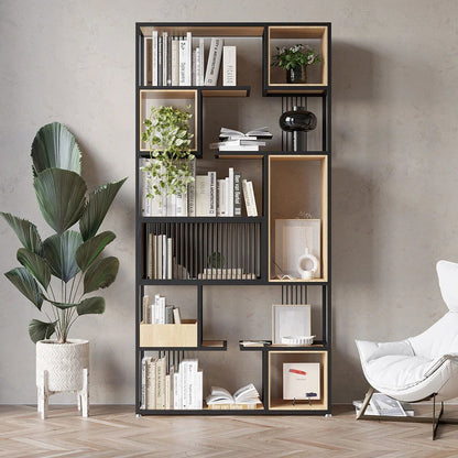 2000mm Modern Black Steel Geometric Bookcase 6-Tier Bookshelf Wooden Tall Book Shelf - Homary