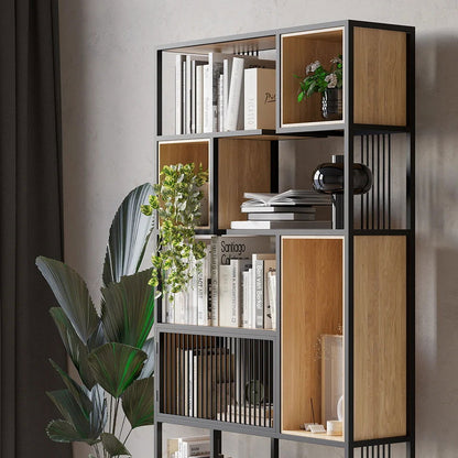 2000mm Modern Black Steel Geometric Bookcase 6-Tier Bookshelf Wooden Tall Book Shelf - Homary