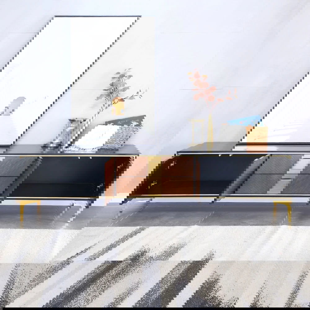 2000mm Modern Black & Walnut TV Stand Solid Wood Entertainment Center with Storage - 