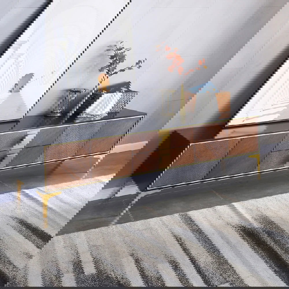 2000mm Modern Black & Walnut TV Stand Solid Wood Entertainment Center with Storage - Homary