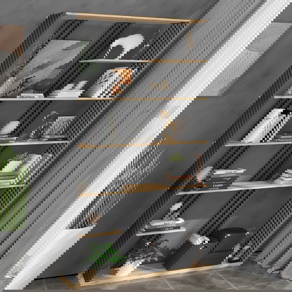 2000mm Modern Natural Etagere Bookcase 6-Tier Bookshelf Display in Black Finish - 