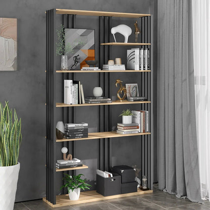 2000mm Modern Natural Etagere Bookcase 6-Tier Bookshelf Display in Black Finish - 