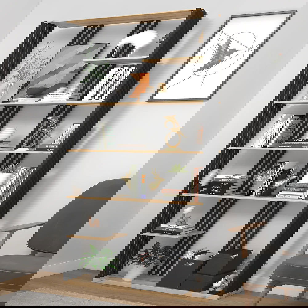 2000mm Modern Natural Etagere Bookcase 6-Tier Bookshelf Display in Black Finish - 