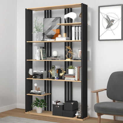 2000mm Modern Natural Etagere Bookcase 6-Tier Bookshelf Display in Black Finish - 